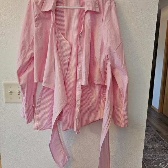 CUPIO Pink White Stripe Wrap Side Bow Button Down Shirt Long Sleeve Blouse Sz L - Picture 4 of 8